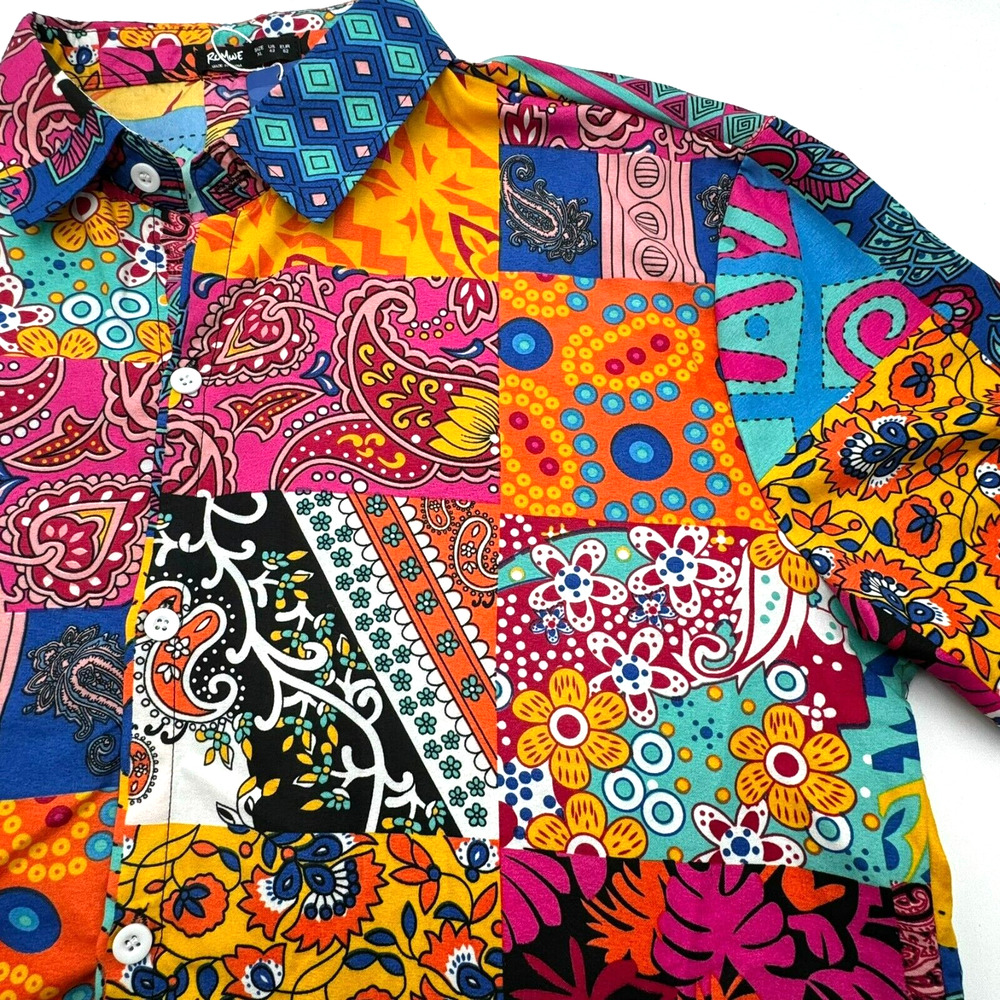 ROMWE Men's XL NWT Colorful Paisley Print Pink Bold Button Up Shirt Party Travel